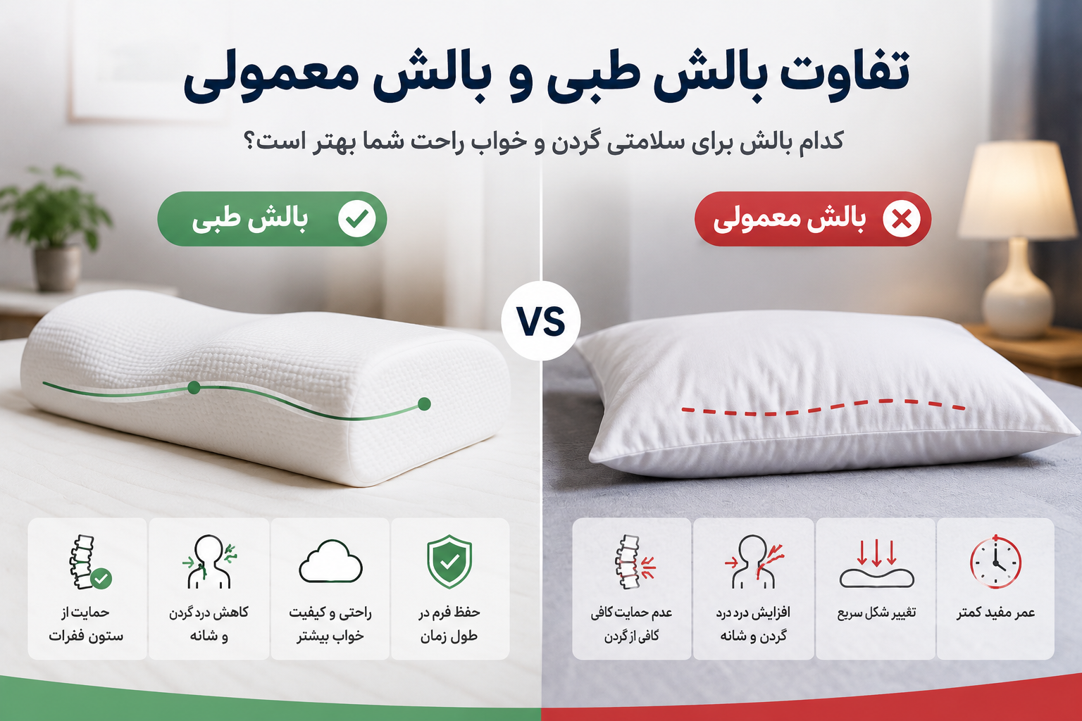 تفاوت بالش طبی و بالش معمولی چیست؟ راهنمای کامل انتخاب بهترین بالش برای خواب راحت و سلامت ستون فقرات